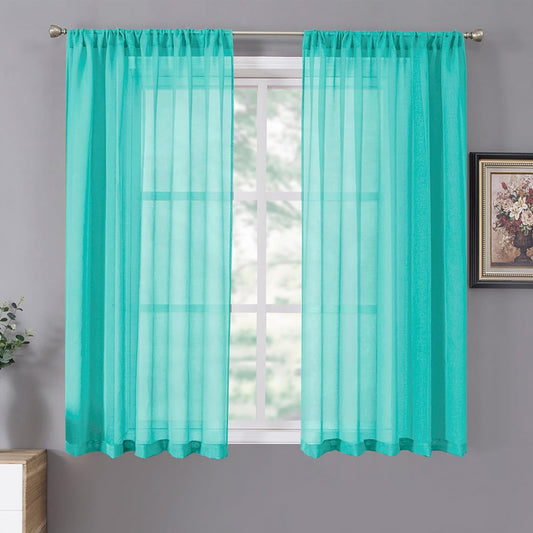 Tollpiz Short Sheer Curtains Living Room Linen Textured Curtain Sheers Light Filtering Voile Rod Pocket Curtains for Bedroom, 38 x 45 inches Long, Aqua Blue, Set of 2 Panels