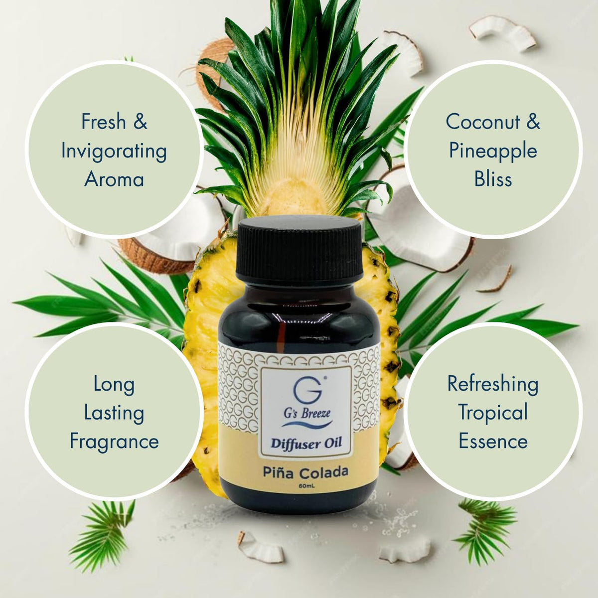 G's Breeze Piña Colada Diffuser Oil Refill - Tropical Coconut & Pineapple Scent - Long Lasting Fragrance, Uplifting Aroma - Ideal for Home & Office - Refreshing & Inviting Atmosphere - 60 ML