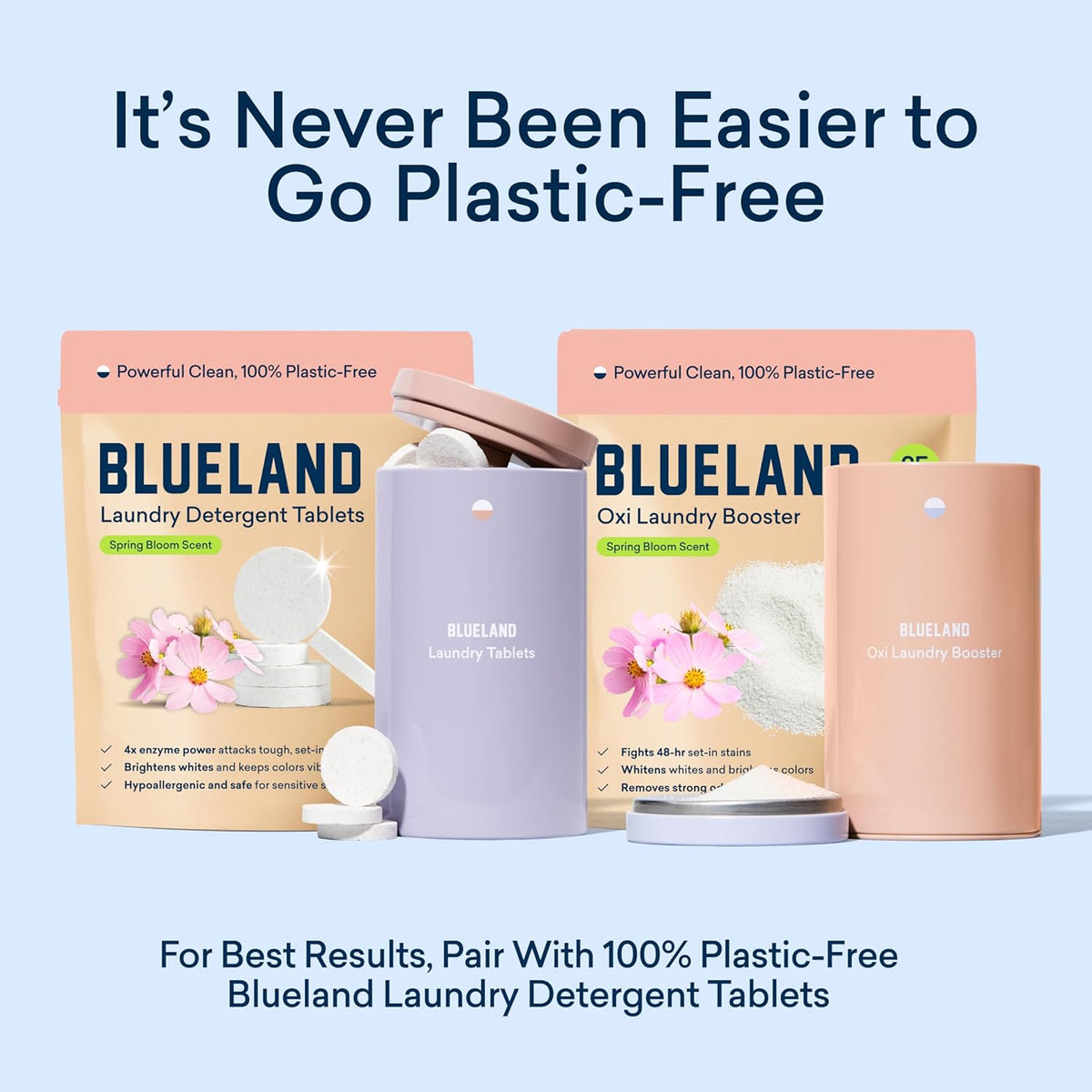 BLUELAND Oxi Laundry Booster Powder with Tin, Starter Set, Spring Bloom Scent, 25 Loads, 17.6 oz, Plastic-Free, Eco Friendly, Oxy Cleaner, Stain Remover
