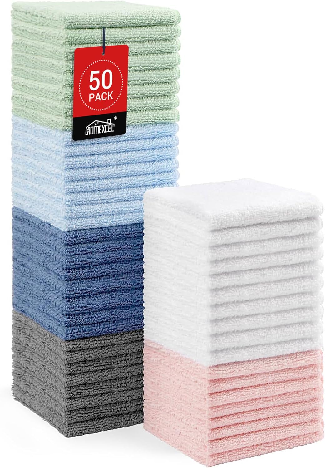 HOMEXCEL Microfiber Washcloths 50 Pack, Highly Absorbent and Soft Face Towel, Multi-Purpose Wash Cloths for Bathroom, Hotel, Spa, Gym, and Kitchen, 12x12 Inch