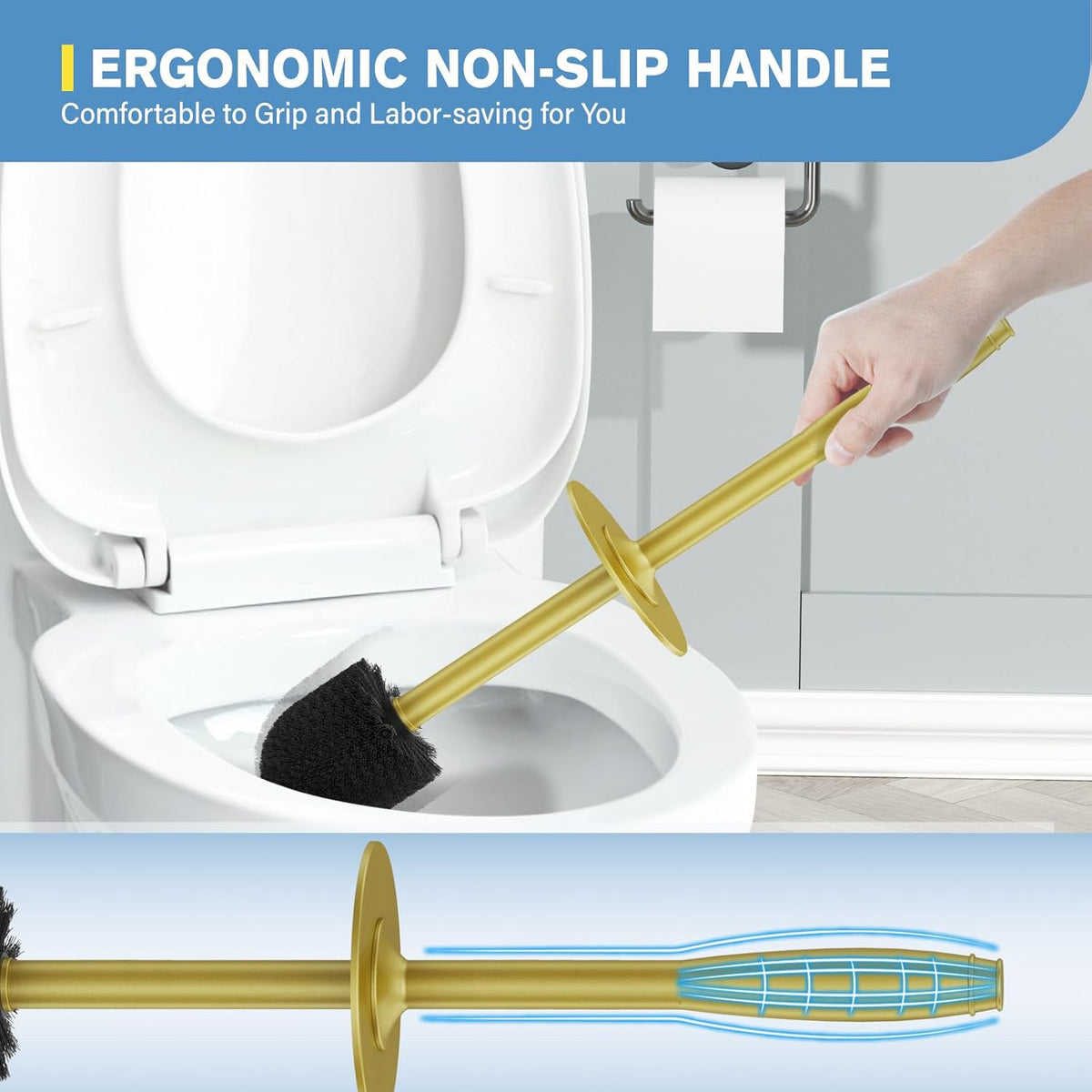 UPTRONIC Toilet Brush, Aluminum Alloy Toilet Brush and Holder Set with Extra Long Handle Durable Bristles Toilet Bowl Brush and Covered Holder for Toilet Scrubber for Bathroom Cleaning