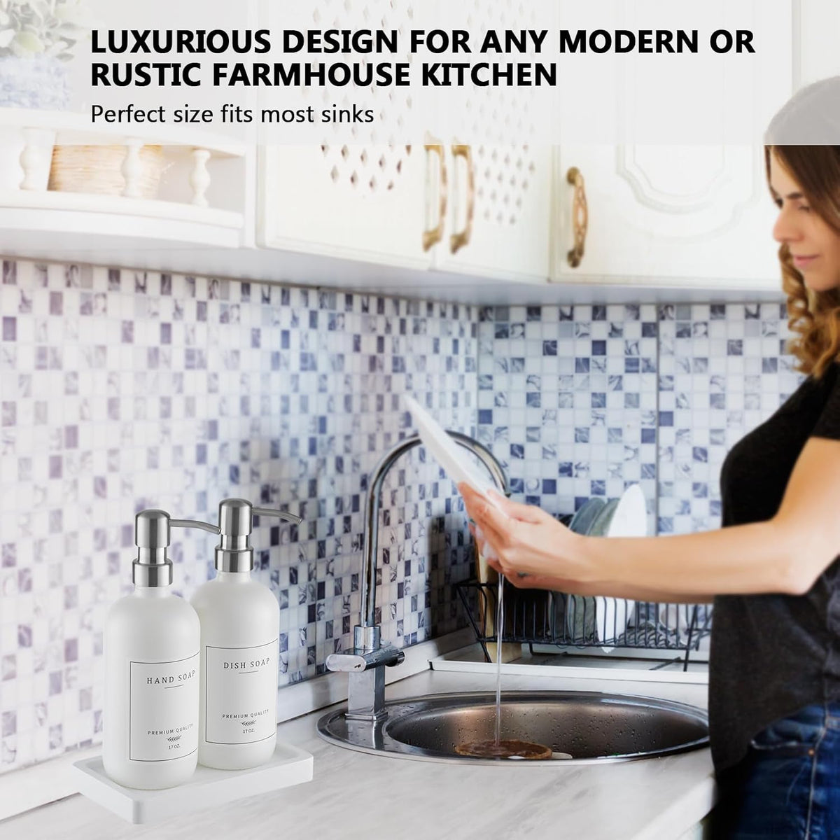 Thick Glass Soap Dispenser - Kitchen Dish Hand Soap Dispenser Set, Rustproof Pump Soap Lotion Dispenser Bathroom with Tray,14 Stickers for Kitchen Decor White Bottle/Silver Pump
