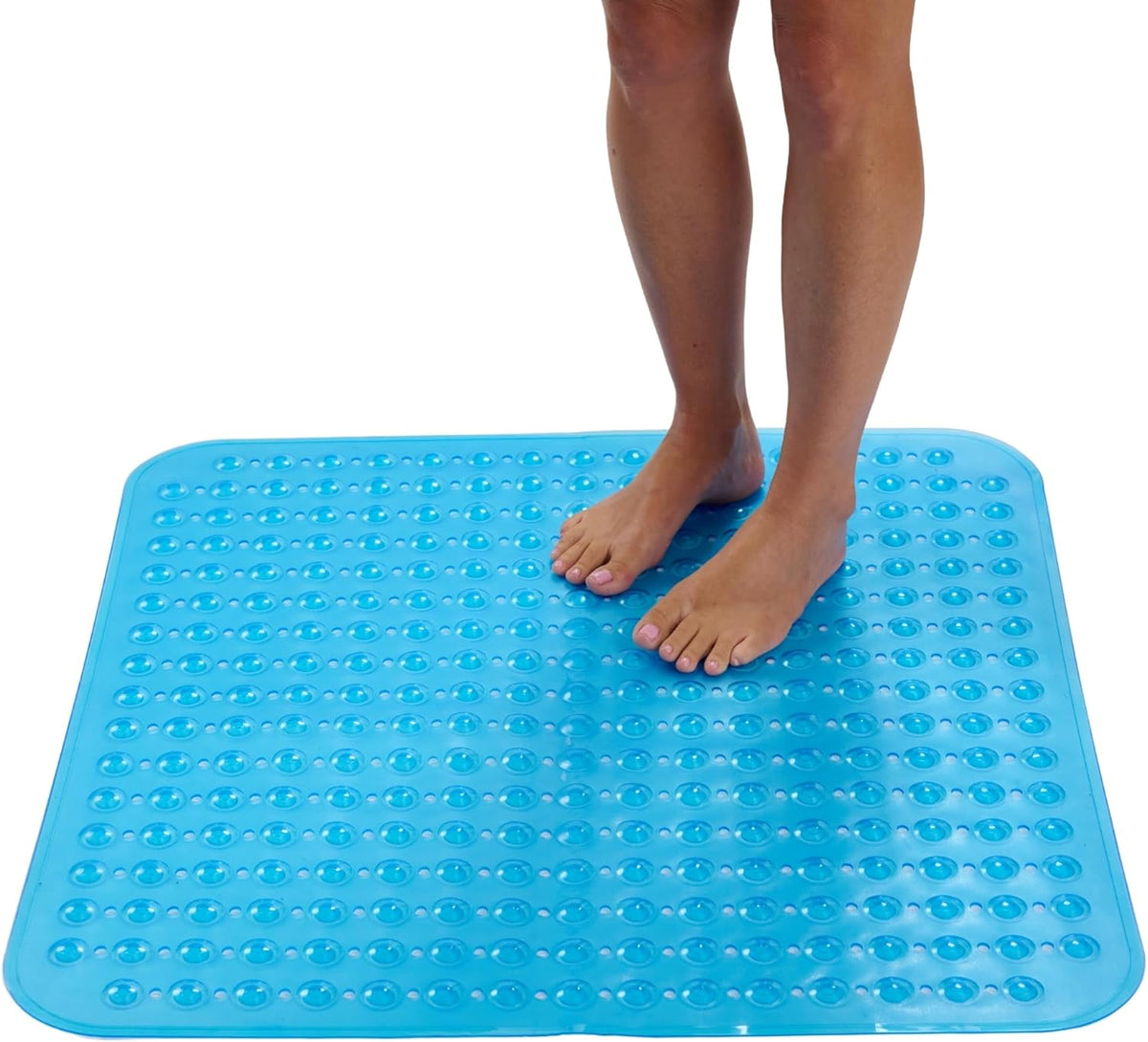 ENKOSI Extra Large Square Non Slip Shower Mat - 31 x 31-inch XL Bathroom Shower Mat - Square Shower Matts for Shower Stall Floors | Secure Suction Cups and Drain Holes (31x31 Clear Blue)