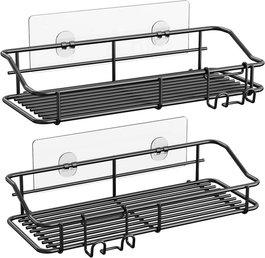 Nieifi Shower Caddy Shelf with Hooks Storage Rack Organizer Adhesive Stainless Steel Without Drilling for Bathroom, Lavatory, Washroom, Restroom, Shower, Toilet, Kitchen - 2 Pack (Black)