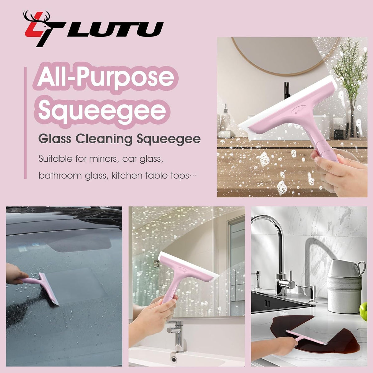 Shower Squeegee for Glass Doors, Bathroom Squeegee for Shower, Mini Window Squeegee, Home Bathroom Silicone Cleaner Tool, Suitable for Bathroom, Kitchen, Tile, Mirror, Car Glass, 8in Rose Pink