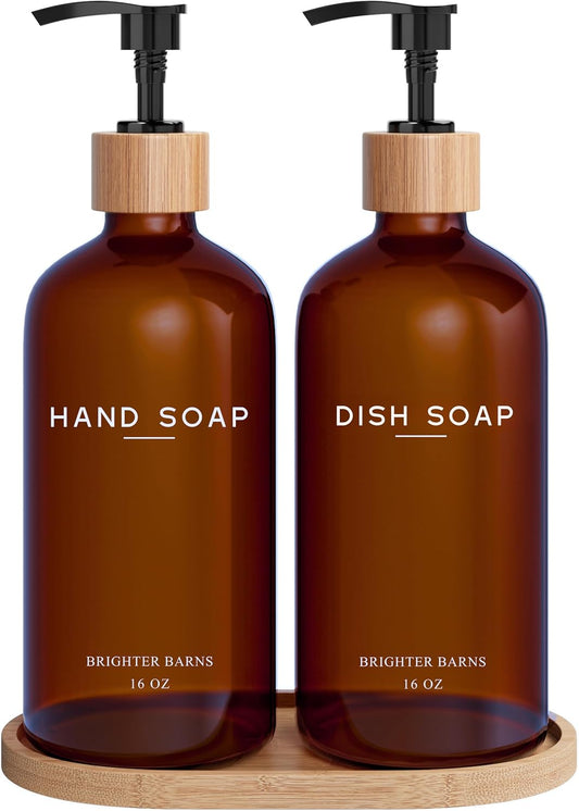 Amber Glass Hand and Dish Soap Dispenser Set by Brighter Barns - Kitchen Soap Dispenser Set with Tray - Bamboo Pump Bottles for Kitchen Sink - Modern Home Decor, Neutral Decor for Airbnb, Gift (Amber)