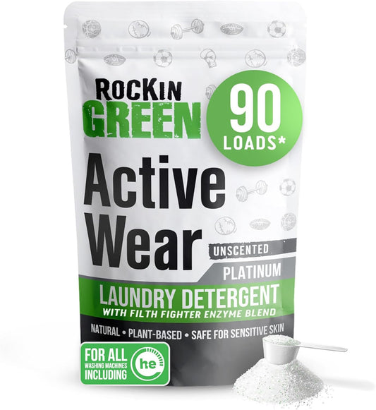 Rockin' Green Laundry Detergent, Plant based, All Natural Laundry Detergent Powder, Vegan and Biodegradable Odor Fighter, Safe for Sensitive Skin (Active Wear 90 Loads - Unscented)