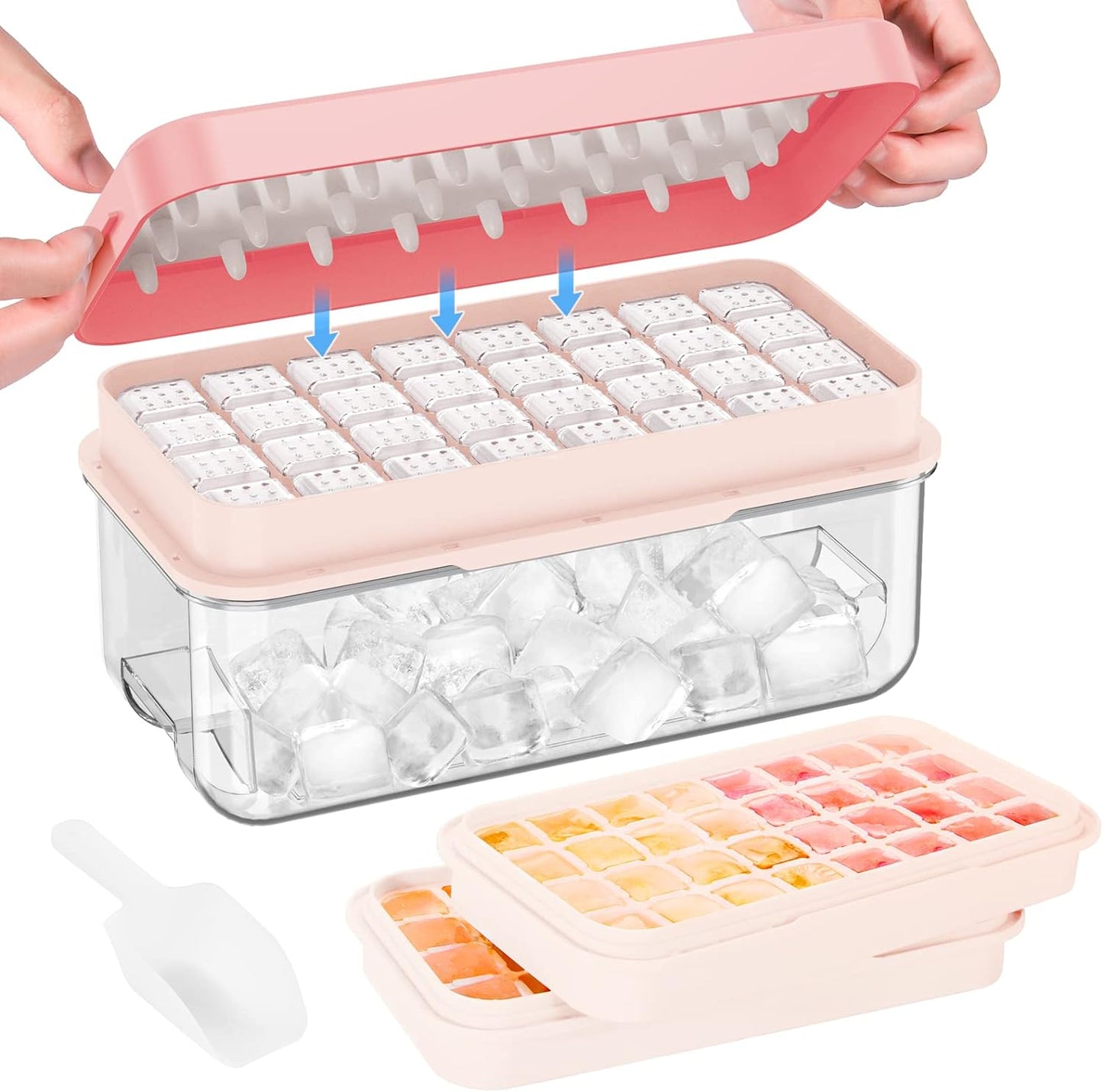 PHINOX Ice Cube Tray with Lid and Bin, Ice Trays for Freezer, Flexible Ice Cube Trays, Making 64 pcs Ice Cubes, Chilling Cocktail, Whiskey, Coffee, with 2 trays, Ice Container, Scoop&Cover, BPA Free