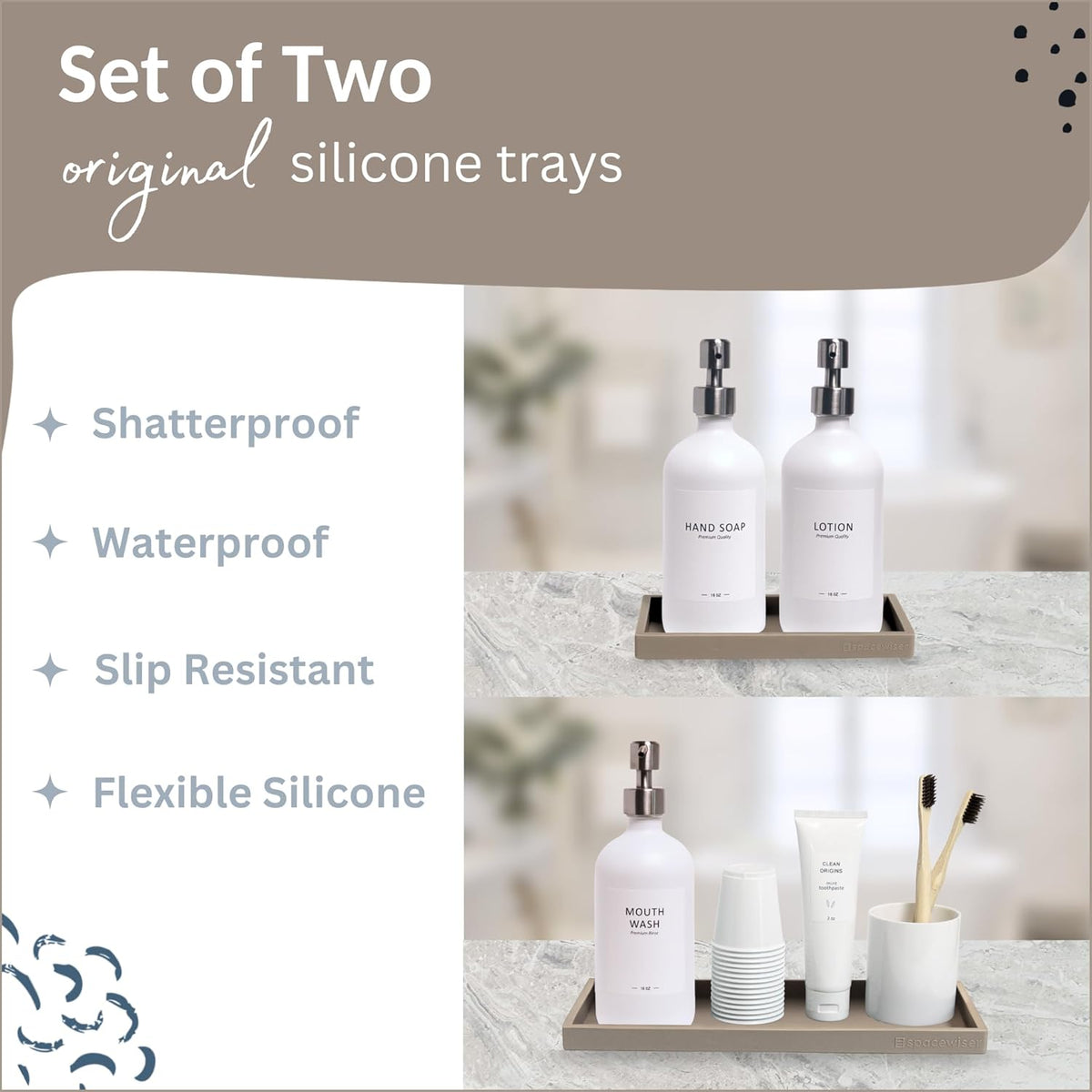 Countertop and Vanity Tray - 2 PC (11” and 7”) Shatterproof Silicone Kitchen and Bathroom Trays for Counter, Kitchen Soap Dispenser Tray, Vanity Trays for Bathroom, Perfume Key Tray