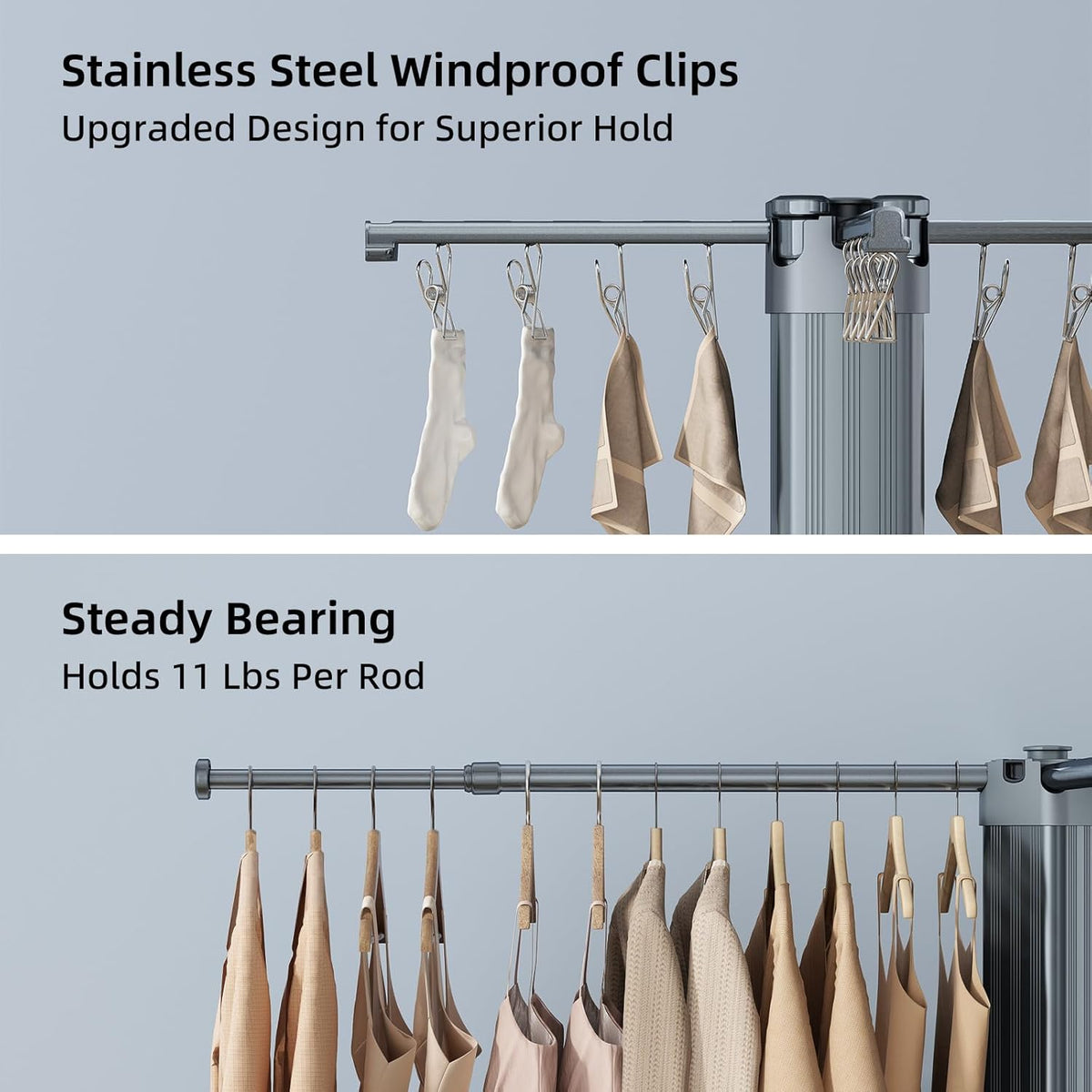 BIREN Clothes Drying Rack Foldable Extending Laundry Rack with 16 Clips Collapsible Clothing Rack Space-Saving Clothing Racks for Hanging Clothes, Indoor, Camping, Balcony, Outdoor