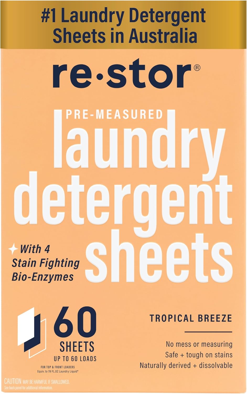 restor Laundry Detergent Sheets Tropical Breeze 60 Loads | Eco Friendly Plastic Free Travel Laundry Washer Sheets | Superior Stain Fighting Washing Detergent sheets Number One in Australia