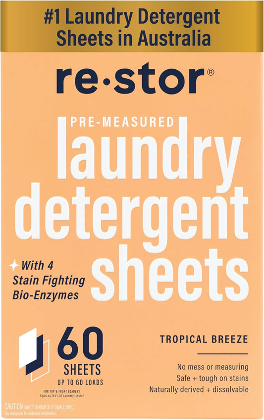 restor Laundry Detergent Sheets Tropical Breeze 60 Loads | Eco Friendly Plastic Free Travel Laundry Washer Sheets | Superior Stain Fighting Washing Detergent sheets Number One in Australia