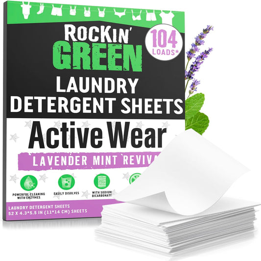 Rockin' Green Active Wear Travel Laundry Detergent Sheets - Mess-Free Laundry Sheet Detergent with Sodium Bicarbonate - Easily Dissolvable Laundry Soap Sheets (104 Loads, Lavender Mint Revival)