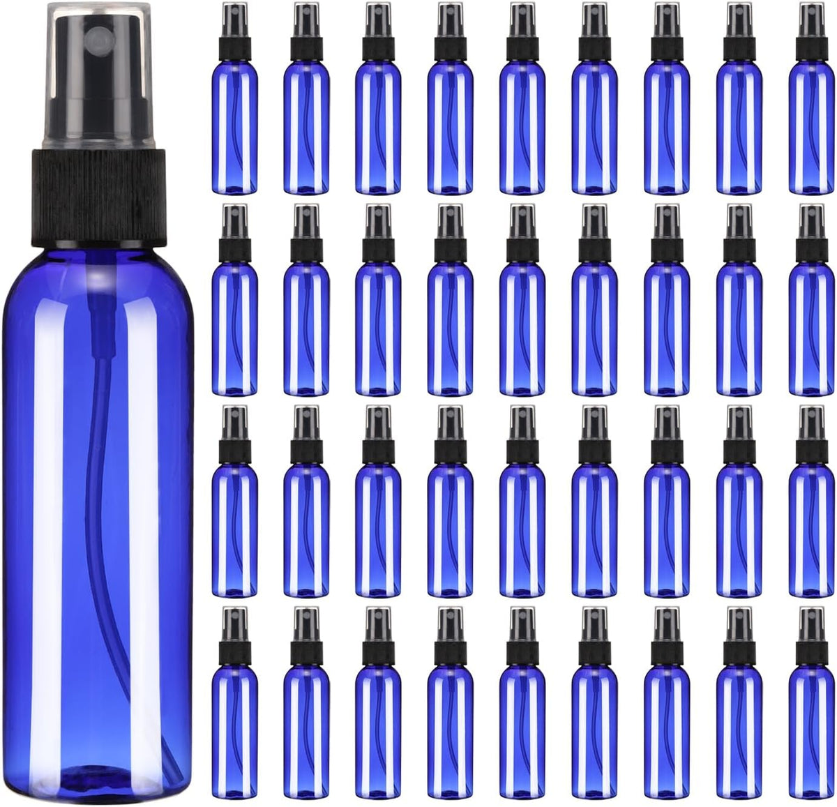 uxcell 100 Pack Spray Bottles, 2 Oz/60ML Reusable Clear Empty Mist Plastic Mini Travel Bottle Set,Small Refillable Liquid Containers for Household Use, Essential Oil(Blue Black)