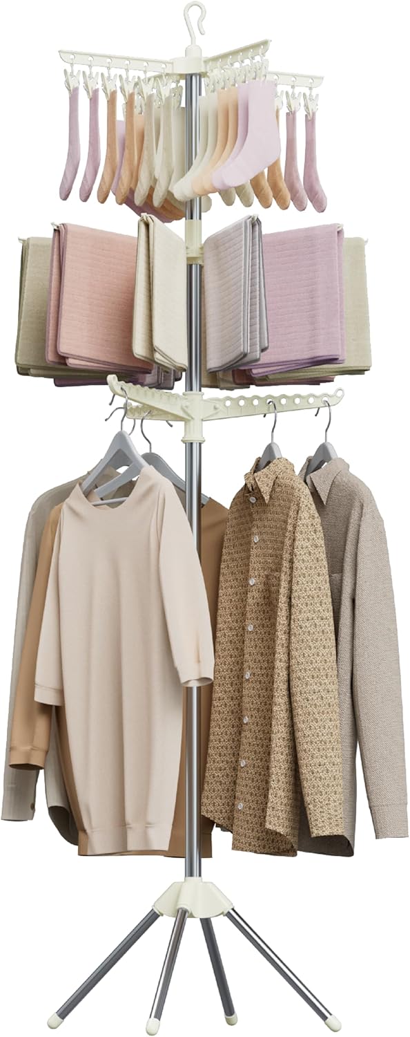 Clothes Drying Rack Foldable, 79.5 inch 3 Tier Laundry Drying Rack with Rotating Clothes Rail for 27 Pieces of Clothes and 24 Clips for Hanging Socks,Space Saving, White and Silver CDR003W01
