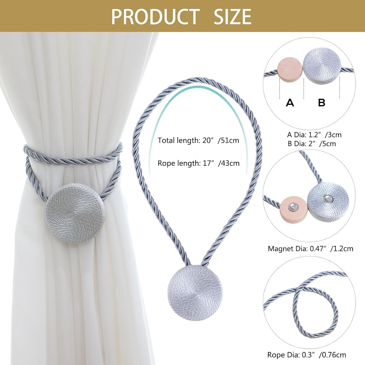 Magnetic Curtain Tiebacks - 12mm Magnetic Tie Backs for Curtains, Heavy Duty No Drill Curtain Holdbacks for Home/Office Windows Drapes, Elegant Gift-Ready Design 7 Colors (2, Gray)