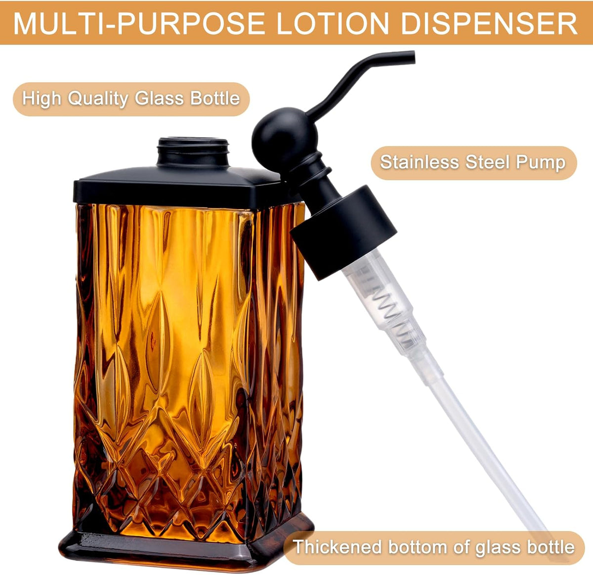 10Oz Amber Glass Soap Dispenser,Heavy Glass & Leak-Proof Rust-Resistant Pump for Kitchen Dish Soap, Bathroom Hand Wash,Vanity Essential Oil,Luxury Bath Decor(Square)