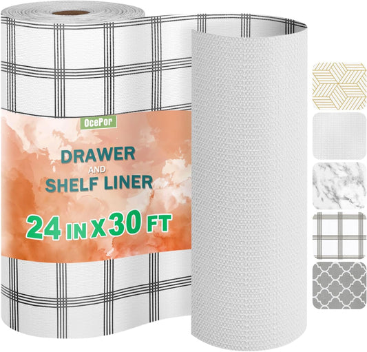 OcePor Non-Adhesive Drawer and Shelf Liner 24IN x 30FT，Non Slip Cabinet and Cupboard Liner, Kitchen Cabinet Liners for Shelves, Waterproof Drawer Shelf Liners for Cabinets/Bathroom Cupboard, Stripe