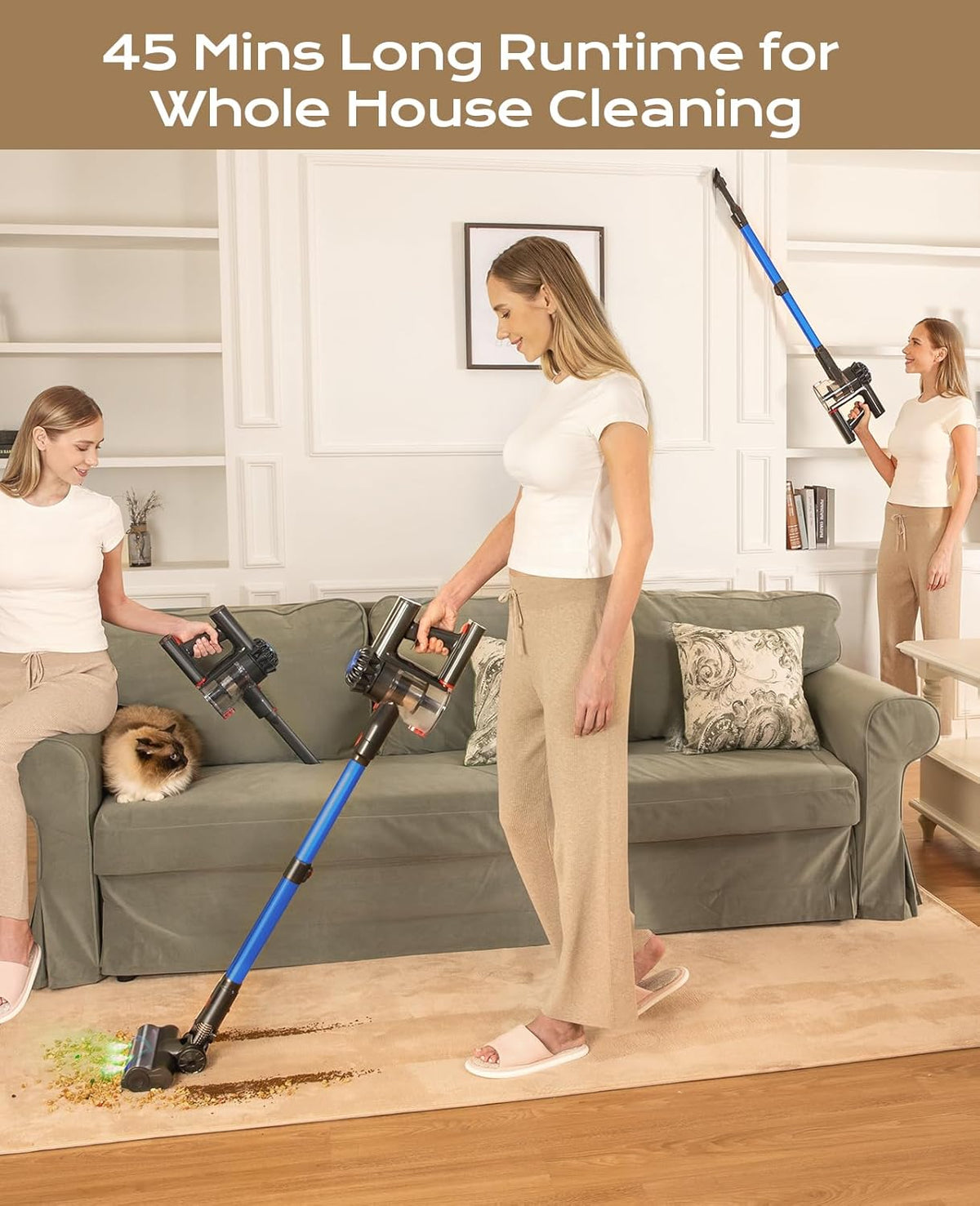 V15 Cordless Vacuum Cleaner, 45Mins Powerful Vacuum Cleaners for Home, Lightweight Stick Vacuum with Advanced Green Light Tech, Rechargeable Battery Vacuum for Carpet,Pet Hair,Hardwood Floor