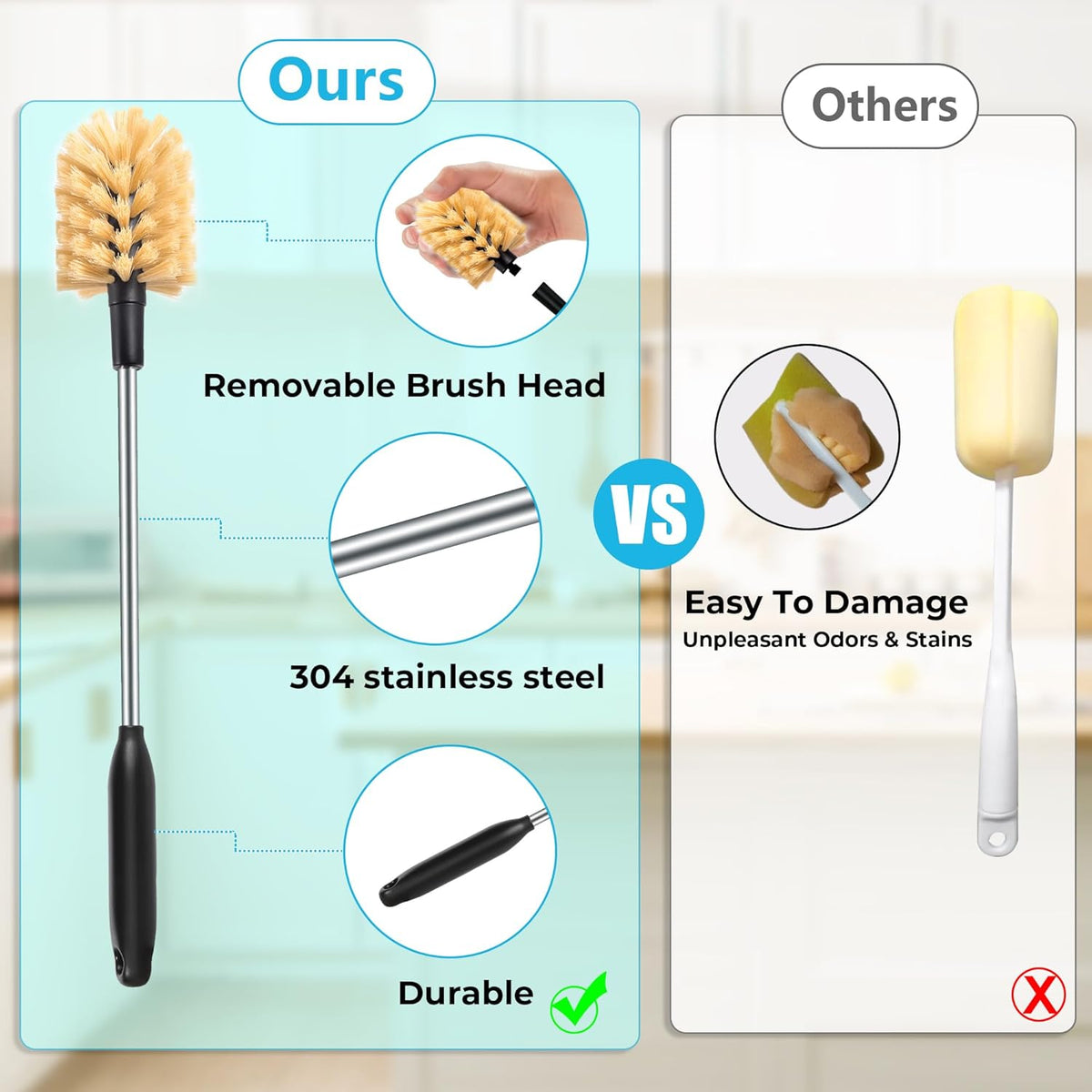 3 in 1 Stainless Steel Long Handled Water Bottle Brush Set, Kitchen Scrubber Cleaning Brush for Mugs, Coffee Cups, Glassware, Wine Glasses, Wake-Ups, with Straw Cleaner, Brown
