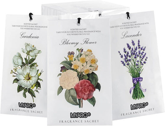 MYARO 12 Packs Scented Sachets for Drawer and Closet, Long-Lasting Potpourri Bags Closet Air Freshener Home Fragrance Sachet 3 Scents Options- Lavender, Bloomy Flower, Gardenia