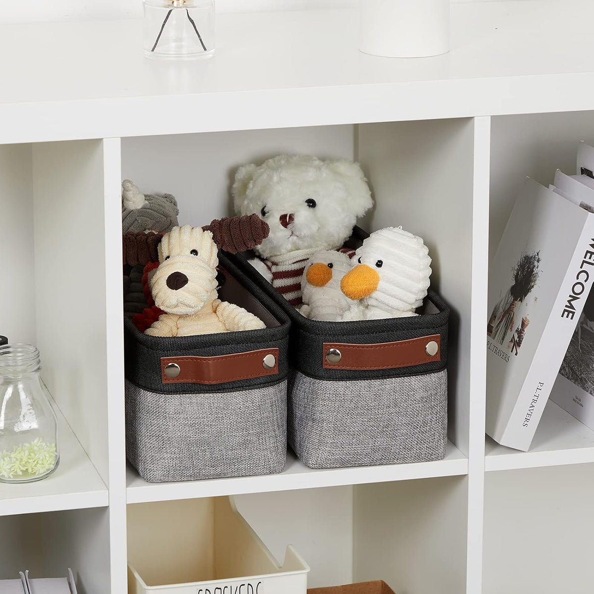 DULLEMELO Small Bathroom Baskets for Toilet Fabric Storage Baskets 2 Pack - 15"x6"x5.5" Foldable Fabric Organizer for Storage Decorative Storage Bins for Home,Closet(Black&Grey)