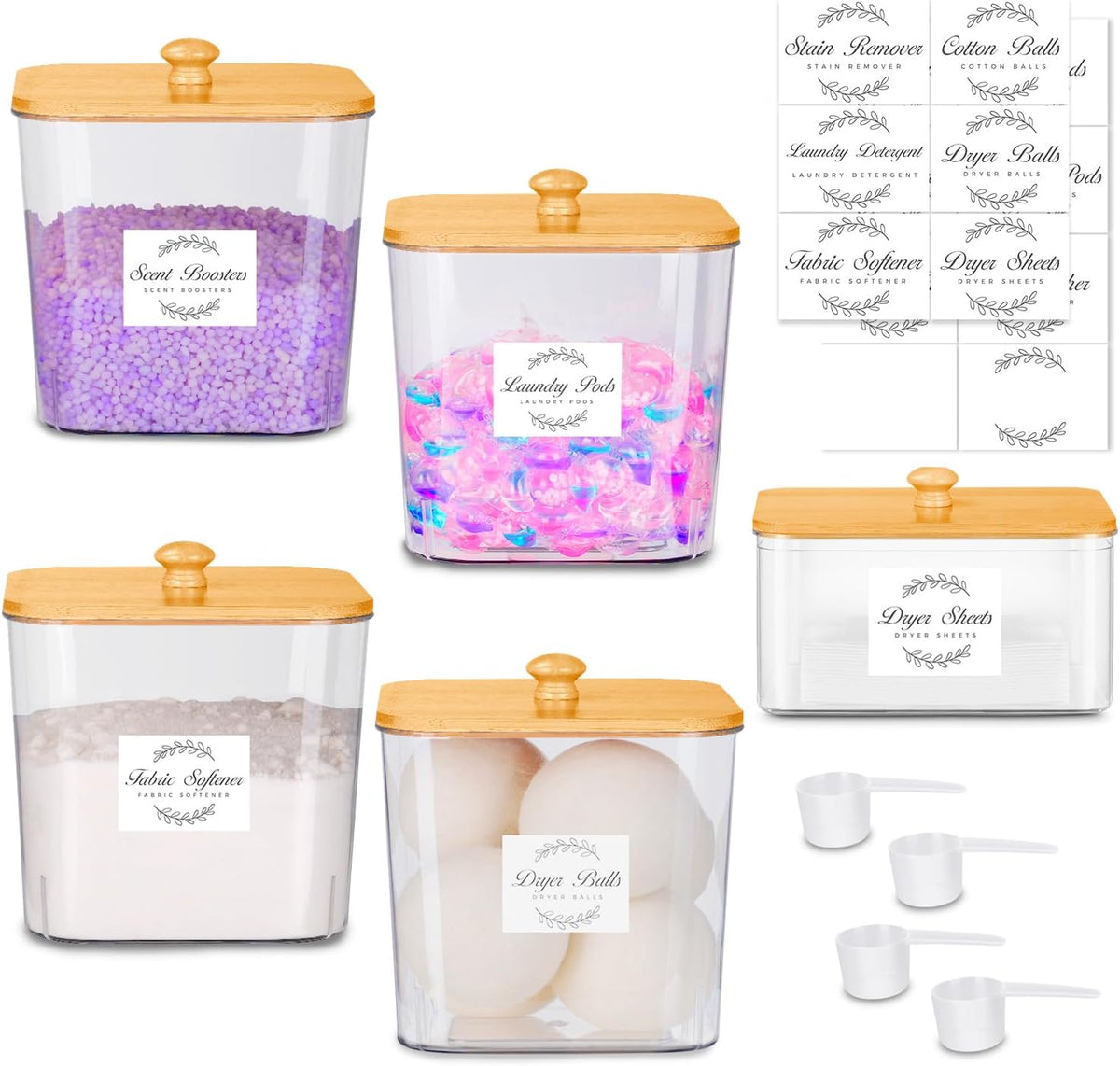 efluky 4+1 pack Laundry Pods Container & Dryer Sheet Holder Set,Clear Laundry Room Organization Containers with Bamboo Lids and Labels,Laundry Pods Holder for Scent Booster,Powder,Pod