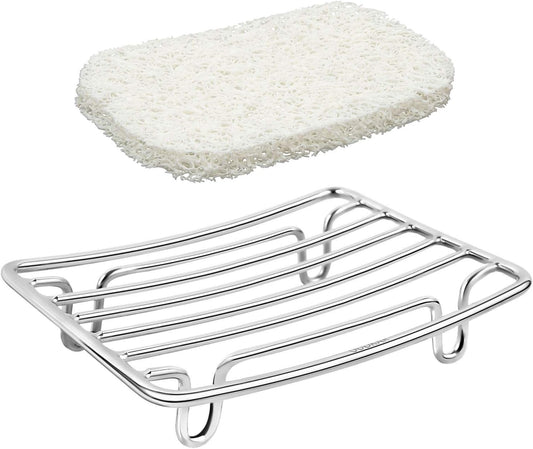 Bar Soap Dish Holder for Shower Bathroom Stainless Steel Rust Proof Self Draining with White Soap Saver Pad