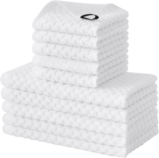 Fintale 100% Cotton Kitchen Towels and Dishcloths Set, 12 x 12 & 15 x 25 Inches, Set of 10 Bulk Super Soft and Absorbent Terry Cloth Dish Towels, Quick Drying Hand Towels with Hanging Loop, White
