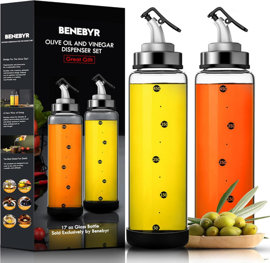 Olive Oil Dispenser Bottle for Kitchen Shatterproof Glass Bottle with Leakproof Pourer Spout & Rubber Bottom 17 oz Oil and Vinegar Dispenser Set of 2 Olive Oil Bottle for Cooking