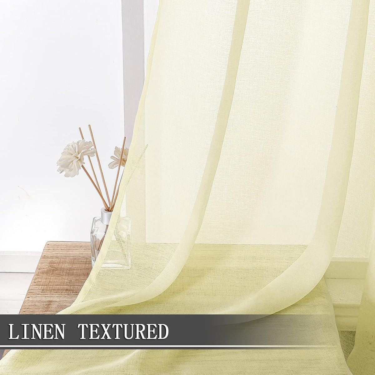 Tollpiz Short Sheer Curtain Linen Textured Living Room Curtains Sheer Light Filtering Rod Pocket Voile Curtain for Bedroom, 42 x 54 inches Long, Transparent Yellow, Set of 2 Panels