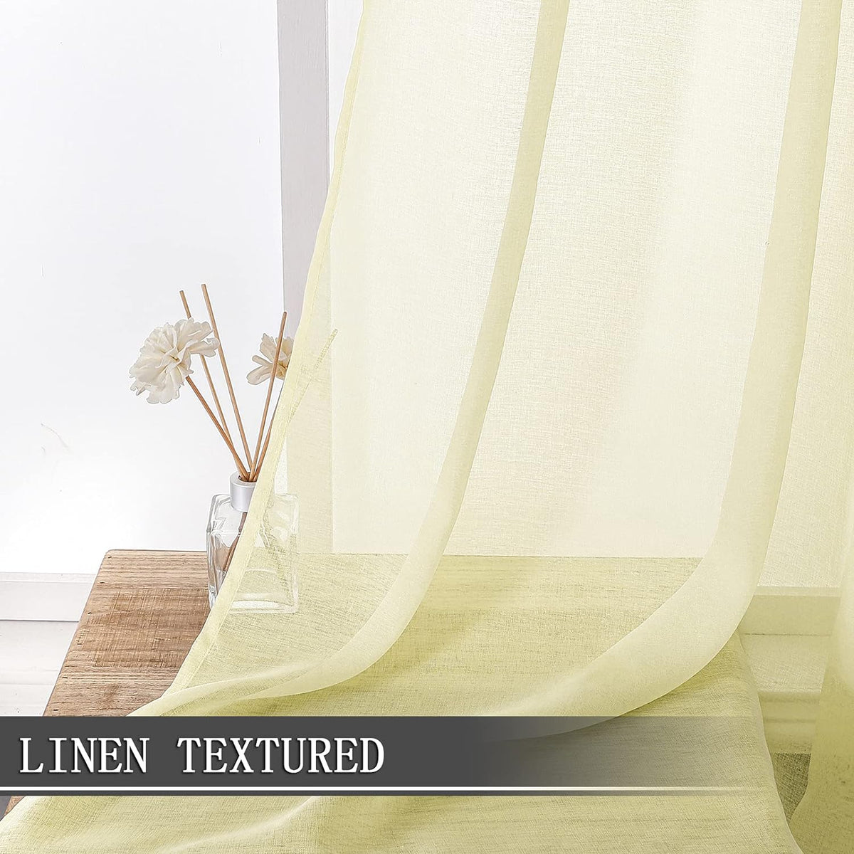 Tollpiz Sheer Curtains Living Room Linen Textured Curtain Sheers Light Filtering Voile Rod Pocket Curtains for Bedroom, 38 x 63 inches Long, Transparent Yellow, Set of 2 Panels