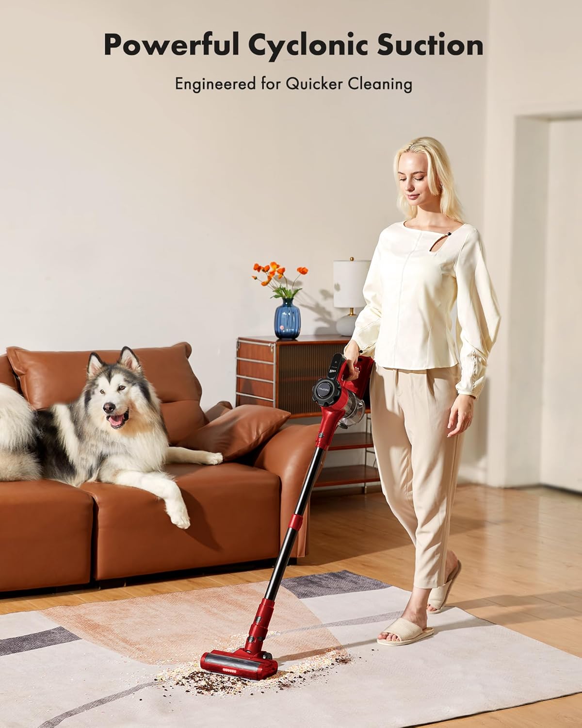 Trucozie Cordless Vacuum Cleaner, 8-in-1 Lightweight Stick Vacuum with 45mins Runtime, Powerful Suction, Rechargeable Cordless Vacuum for Carpet, Tile, Pet Hair, Hardwood Floors, Red