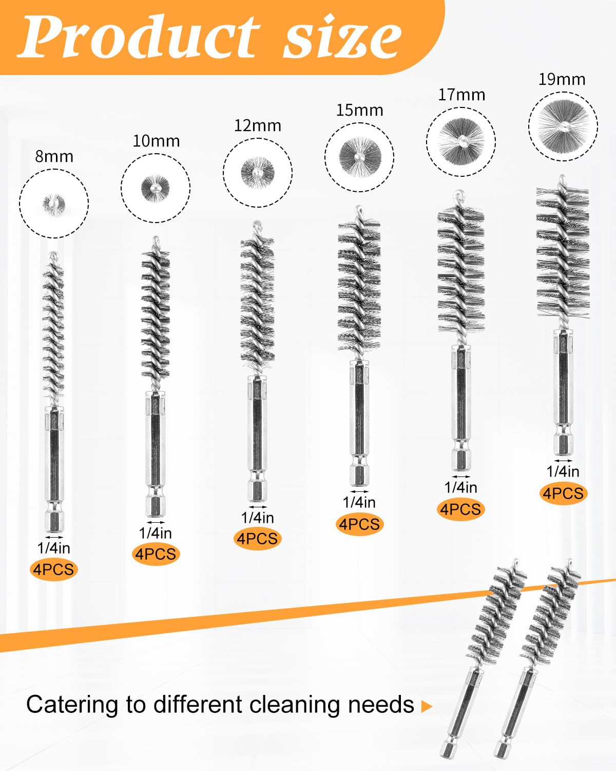 24 pcs Bore Brush for Drill, Stainless Steel Wire Cleaning Brush Set, Abrasive Wire Bore Brushes Set with 1/4 Inch Hex Shank for Rust, Cleaning Tubes (8/10/12/15/17/19MM)