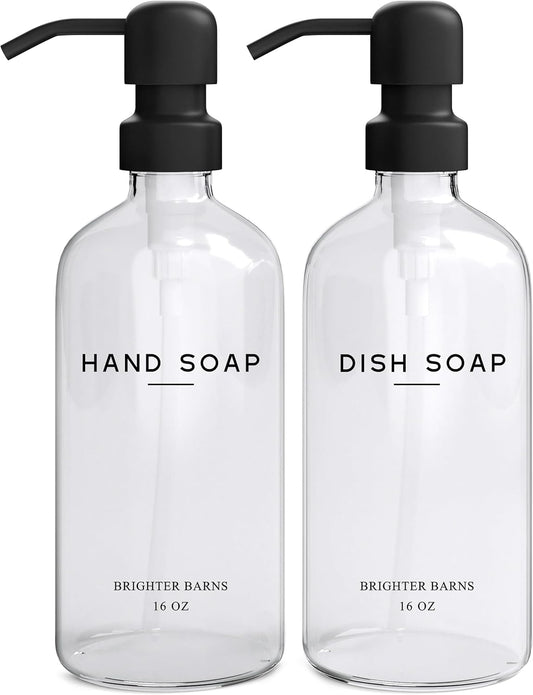 Clear Glass Hand and Dish Soap Dispenser Set by Brighter Barns - Kitchen Soap Dispenser Set & Pump - Glass Bottles for Kitchen Sink - Neutral Home Decor, Modern Farmhouse Bathroom Accessories (Clear)