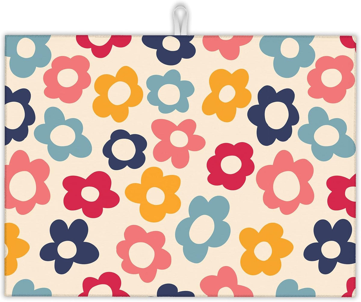 Vintage Groovy Flowers Dish Drying Rack Mats Decor,Colorful Daisy Dish Pad Drying Mat Kitchen Counter 18x24 Inch Absorbent Reversible Microfiber for Coffee Bar Sink Countertop