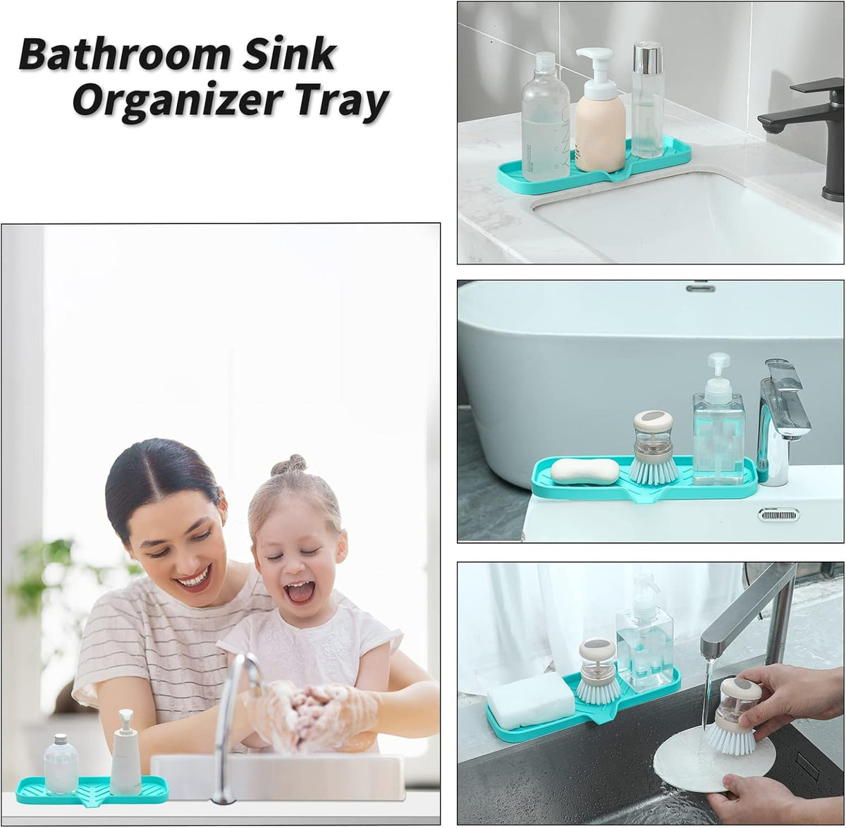 Silicone Bathroom Soap Dishes with Drain Spout-Bathroom and Kitchen Sink Organizer,Sponge Holder,Dish Soap Tray,Perfect for Dispenser,Scrubber,Bottle,Cup on Sink or Counter-Mint 12"×4"