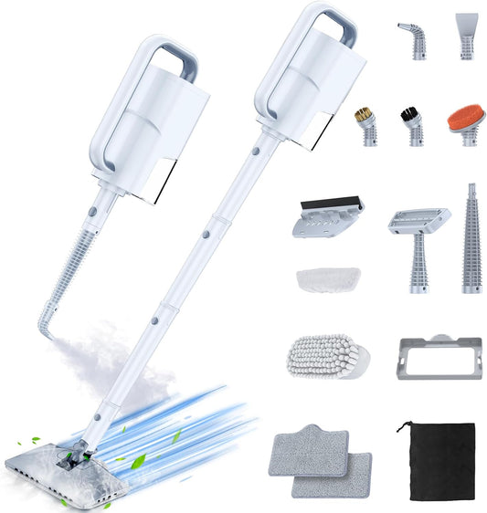 ScrubWiz Steam Mop Cleaner with Detachable Handheld Steamer, 10-in-1 Multi Accessories, Washable Microfiber Pads, 350ml and 2 Adjustable Level for Cleaning Floor, Carpet, Tile, BBQ Grill, Light White
