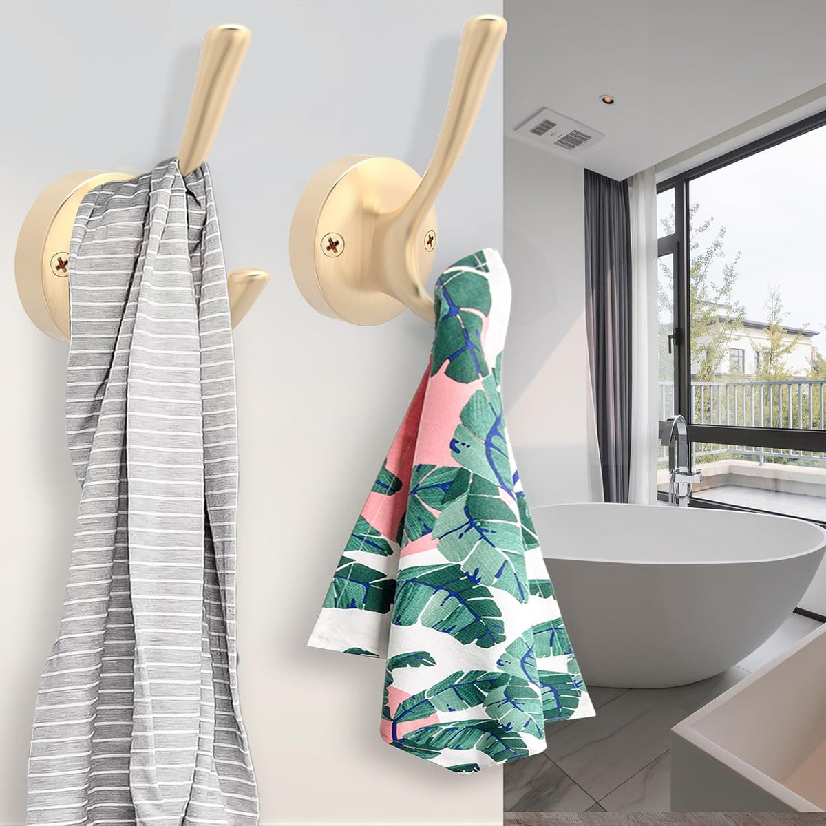 Gold Wall Hooks, 6 Pack Coat Robe Hook Heavy Duty Metal Double Bath Hook Wall Mounted, Hand Towel Hooks for Cubicle Bathroom Kitchen Closet Garage