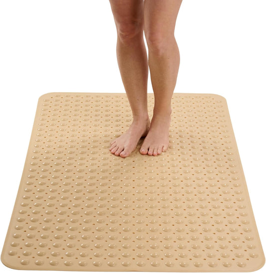 ENKOSI Extra Large Shower Mat Non Slip - 47 x 32 inch - XL Bathroom Shower Mat - Large Shower Mats for Shower Stall Floors - Secure Suction Cups and Drain Holes (47x32 Beige Opaque)