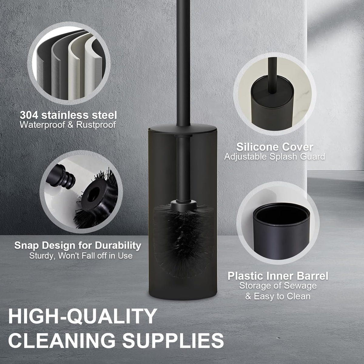 304 Stainless Steel Toilet Bowl Brush and Holder Set, Circular Floor Toilet Brush Holder, Long Handle, Bathroom Heavy-Duty Cleaner, High-End Cylinder Wall (Black) YIGUANXIN