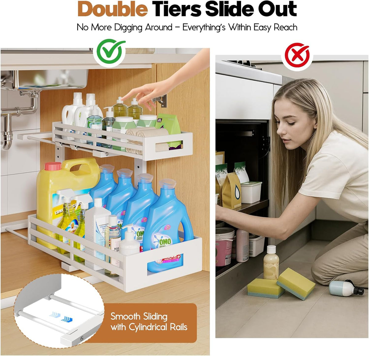 2-Pack 17"Deep Under Sink Organizer And Storage, 2-Tier L-Shaped Pull Out Cabinet Organizer with Upgraded Slide Rails, Height Adjustable Drawers for Kitchen&Bathroom, Extra-Large Storage Shelves–White