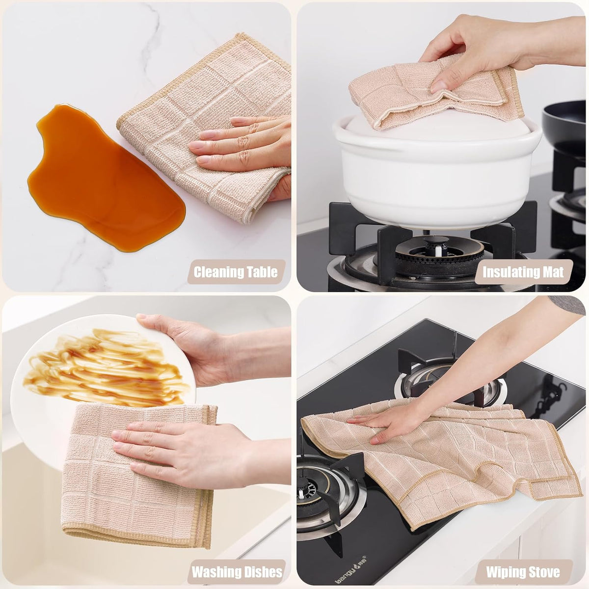 Homaxy Microfiber Kitchen Towels and Dishcloths Set, 12 Pack Soft and Absorbent Dish Hand Towels Bulk, 28 x 16 Inch & 12 x 12 Inch Quick Drying Rags for Washing Dishes, Beige