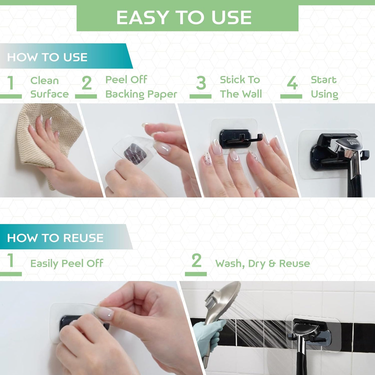 Hook LAB Self-Adhesive Shower Razor Holder, 2-Pack, Removable & Reusable Waterproof Hooks, for Towels, Bath Accessories, Kitchen & Bathroom Use - Black