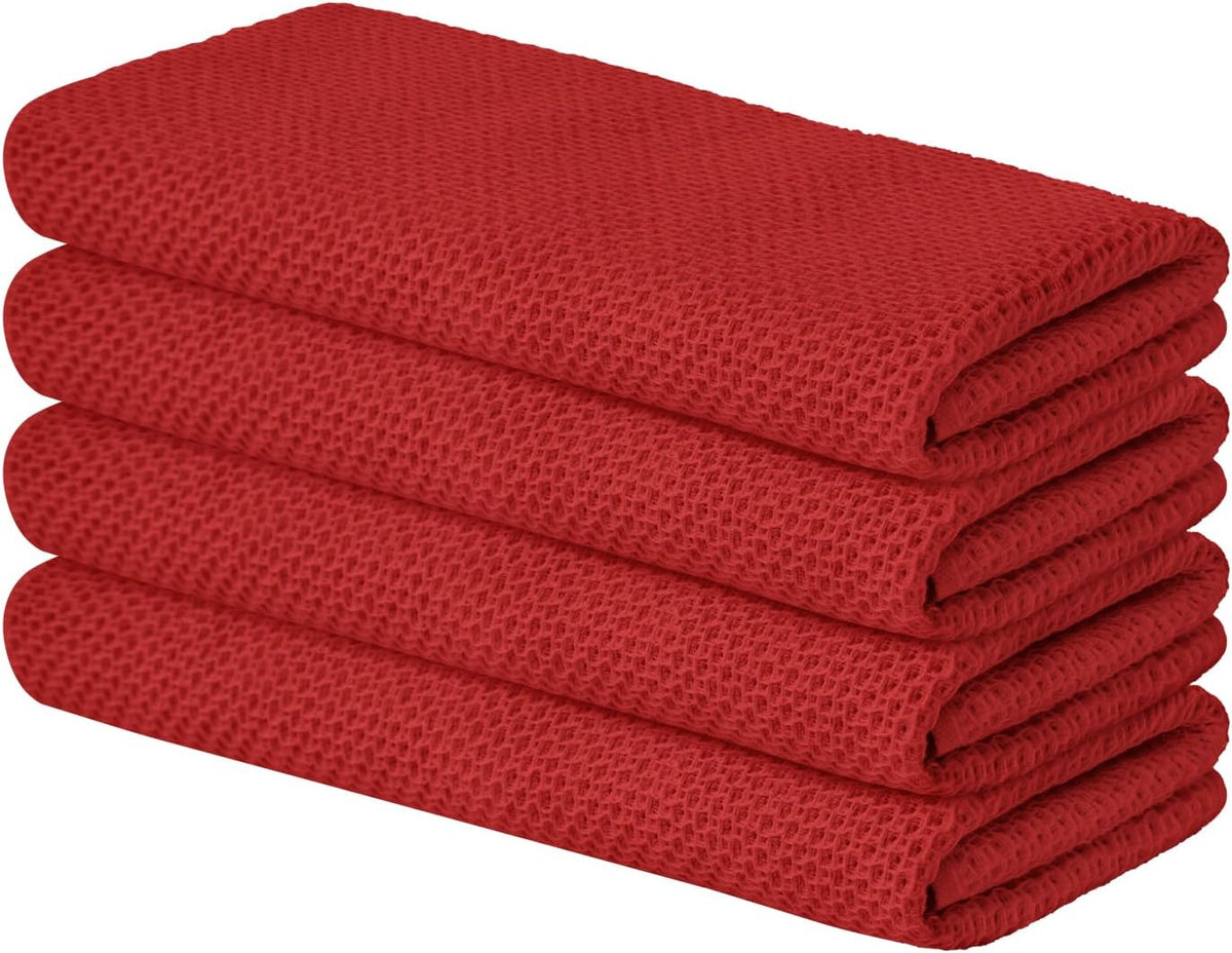 Artoid Mode 100% Cotton Dark Red Waffle Weave Kitchen Dish Cloths, 13x28 Inch Ultra Soft Absorbent Quick Drying Kitchen Dish Towels Set of 4