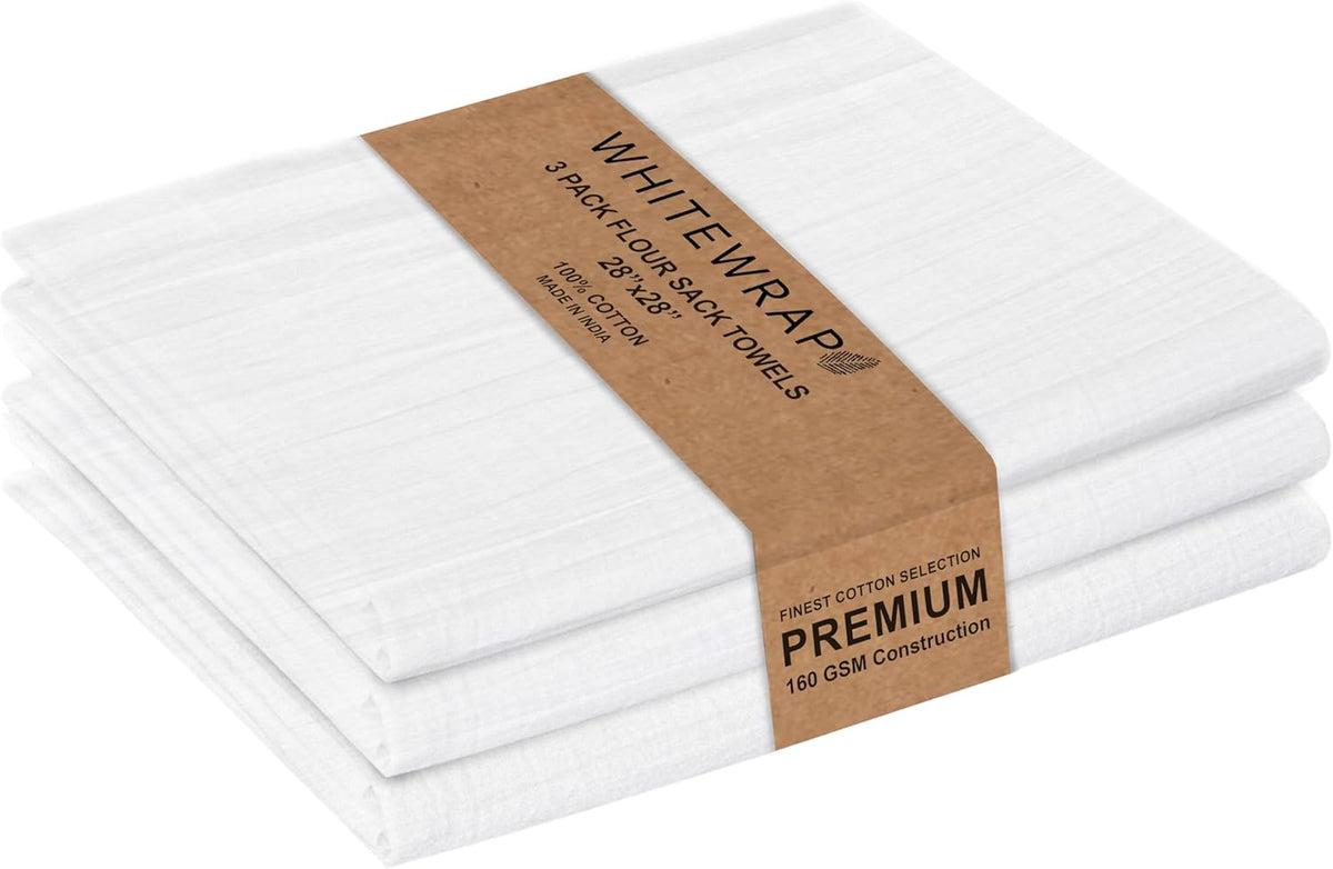 Flour Sack Towels| Tea Towel for Crafts| Kitchen Dish Cotton Blank Towel for Embroidery|Baking Bread Proofing Linen Cover| Thick Absorbent Quick Dry| 3 Pack 28"x28" White