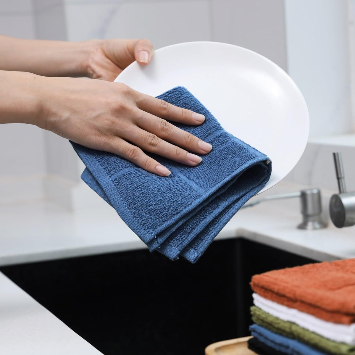 Glynniss Dishcloths Kitchen Highly Absorbent Dish Rags 100% Cotton Dish Cloths for Washing Dishes, Cleaning (Middle Blue, 11x11)