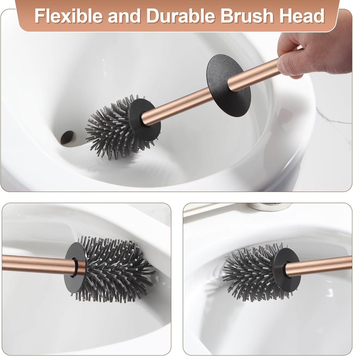 BVL Toilet Brush and Holder Set Rose Gold Freestanding for Bathroom
