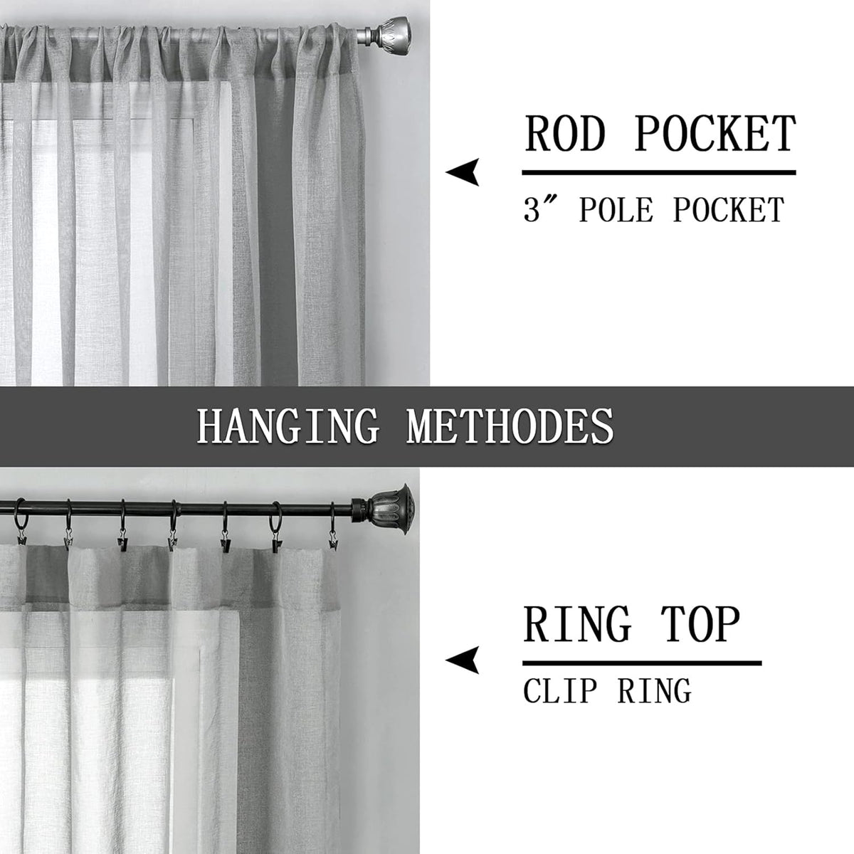 Tollpiz Short Sheer Curtain Living Room Linen Textured Curtains Sheer Light Filtering Voile Rod Pocket Curtain for Bedroom, 38 x 54 inches Long, Silver Grey, Set of 2 Panels
