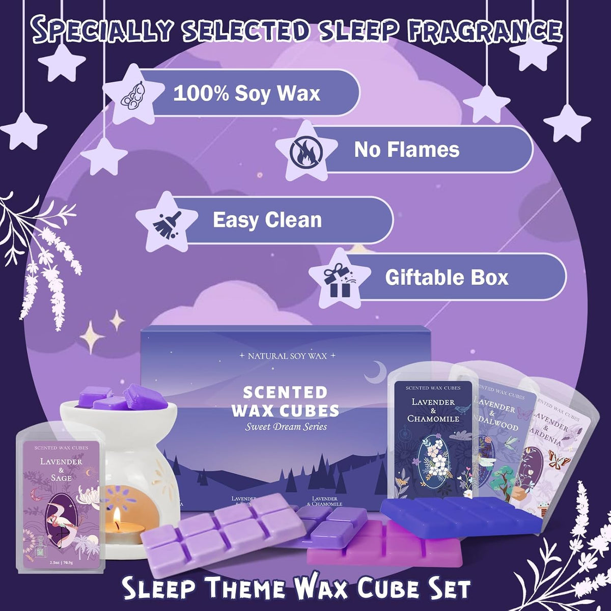 SCENTORINI Wax Melts, Wax Cubes Strong Scent, Long Lasting Lavender Scented for Sleep, Wax Melts for Warmer, 2.5 oz 4-Pack - Lavender & Gardenia, Sage, Chamomile, Sandalwood
